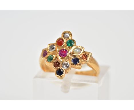 A MULTI GEMSTONE DRESS RING, gemstones to include sapphire, white sapphire, emerald, ruby, quartz and carnelian, ring size H,