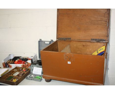 A BROWN PAINTED 19TH CENTURY PINE TOOL CHEST, together with a battery powered drill (PAT pass, charging), a small cased hand 