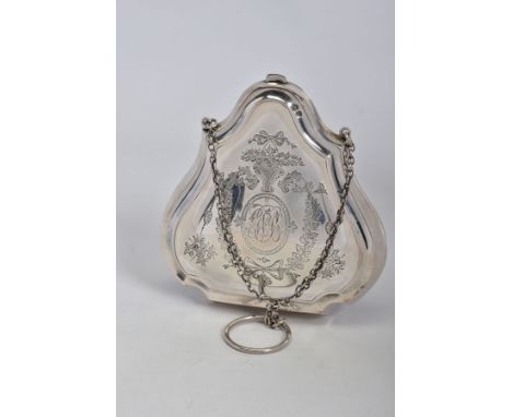 A GEORGE V SILVER PURSE, engraved with ribbons, swags and oval cartouches, one with initials, tan leather lined interior, on 