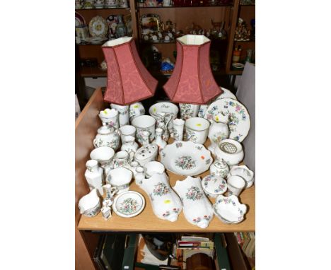 A GROUP OF AYNSLEY PEMBROKE VASES, BOWLS, WALL POCKETS, TRINKET DISHES, JARDINIERES, TABLE LAMPS ETC, some with Wild Tudor it