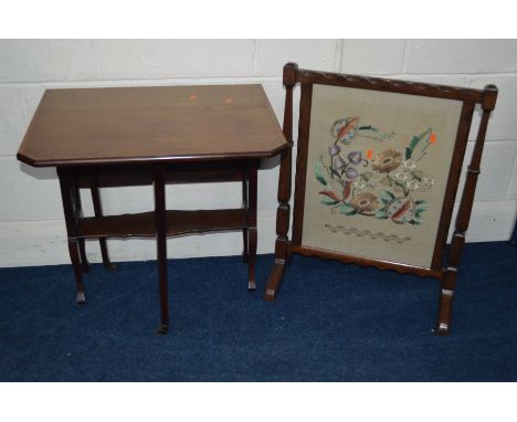 AN EDWARDIAN MAHOGANY DROP LEAF SUTHERLAND TABLE together with an oak firescreen (2)