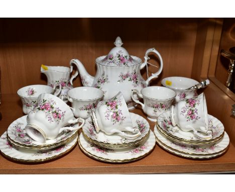 ROYAL ALBERT 'LAVENDER ROSE' TEASET, comprising teapot, milk jug, sugar bowl, plated sugar tongs, six teacups, six saucers an