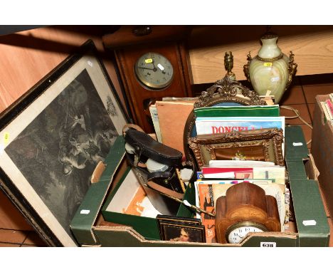 A BOX OF MISCELLANEOUS ITEMS AND LOOSE, including cased Russian binoculars, a drop dial wall clock, a mantle clock, two onyx 