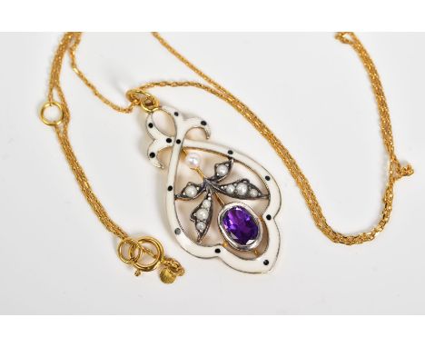 A PENDANT NECKLACE, the open work pendant with a white enamel surround set with a central split pearl detailed foliate design