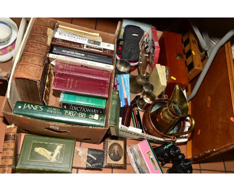 TWO BOXES OF ASSORTED ITEMS, to include an oak twin handled serving tray, approximately 55cm x 38cm, Hohner 'The Echo' harmon