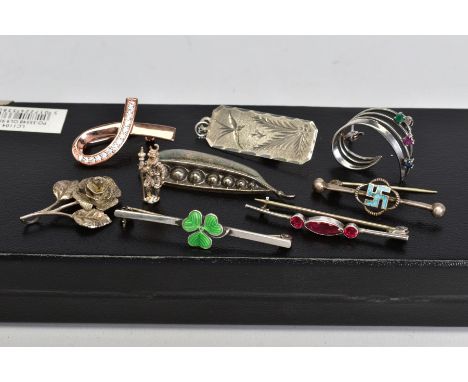 A SELECTION OF ITEMS, to include an engraved floral and bird scene pendant, with a silver hallmark for Birmingham, three enam