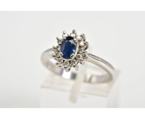 A SAPPHIRE AND DIAMOND OVAL CLUSTER RING, sapphire measuring approximately 6mm x 4mm, estimated modern round brilliant cut di