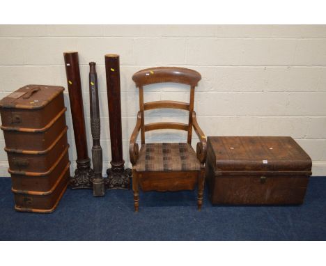 A VINTAGE TIN TRUNK, together with a vintage travelling trunk, a pair of mahogany corinthian columns and another post and a l