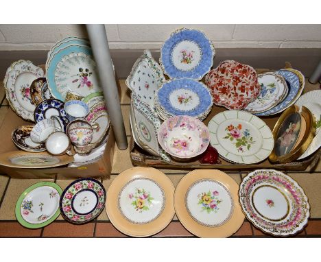 TWO BOXES OF 19TH CENTURY AND LATER PORCELAIN, etc, including mostly English porcelain hand painted tea and dinner wares, Spo