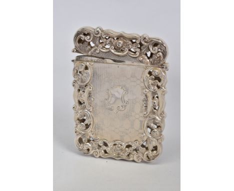 A VICTORIAN SILVER CARD CASE OF PIERCED AND WAVY RECTANGULAR FORM, engine turned decoration with shield shape cartouche, make