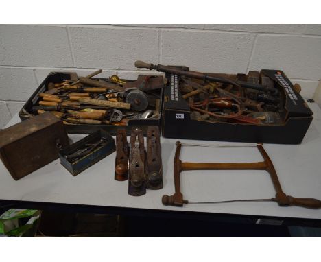 TWO BOXES AND LOOSE, containing various vintage hand tools, including a Record No.4 planer, two other planers, various wooden