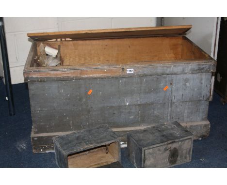 A DISTRESSED 19TH CENTURY PINE TOOL CHEST, (losses to lid and base), together with two smaller wooden boxes and a quantity of