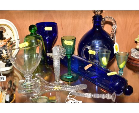 A GROUP OF LATE GEORGIAN, VICTORIAN AND 20TH CENTURY GLASSWARE, including a blue glass rolling pin, a rummer on a square foot