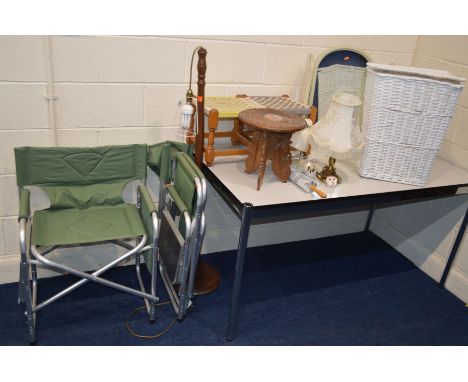 TWO MODERN CHROME FOLDING CAMPING CHAIRS, together with a quantity of occasional furniture to include a standard lamp, two st