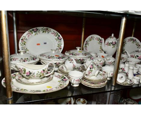 WEDGWOOD 'HATHAWAY ROSE' DINNER AND TEA WARES, including three footed twin handled tureens and covers, two oval platters, tea