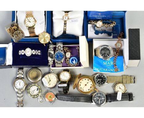 A QUANTITY OF WRIST WATCHES, to include a number of gold-plated rotary watches with quartz movements, a ladies stainless stee