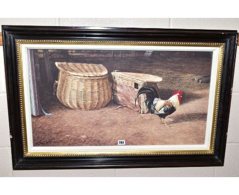 PETER MUNRO (BRITISH CONTEMPORARY), 'COCKEREL AND BASKETS', an open edition print by Rosentiels, mounted, framed and glazed, 