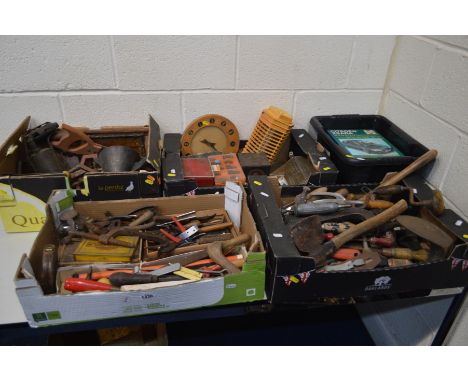 FIVE BOXES OF VARIOUS MISCELLANEOUS, containing a quantity of various vintage hand tools, including chisels, clamp, etc, toge