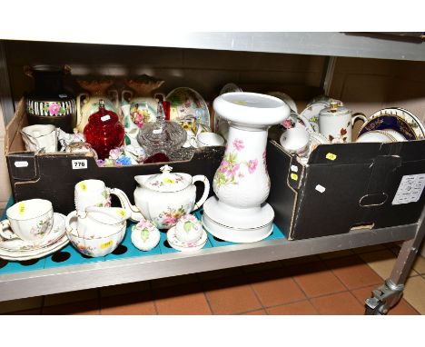 TWO BOXES OF CERAMICS, GLASSWARE AND LOOSE, including Royal Crown Derby Posies pattern, teapot, milk, sugar, cup, saucer and 