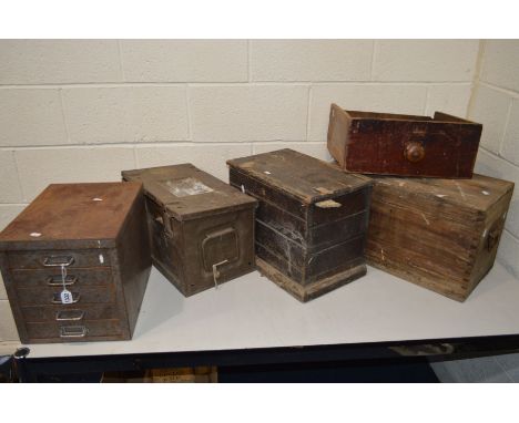 A METAL FIVE DRAWER INDEX CABINET, together with a WWII ammo crate, two distressed tool chests and a pine drawer (5)