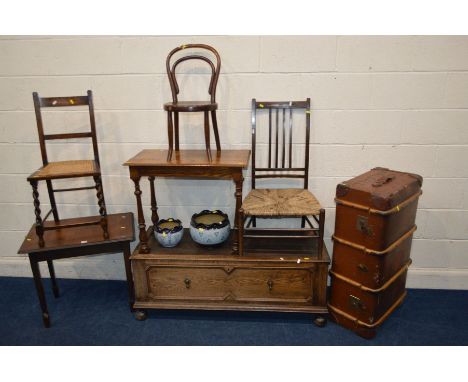 A QUANTITY OF VARIOUS OAK FURNITURE, to include a wardrobe base section, two oak occasional tables, child's bentwood chair, t