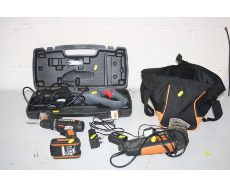A WORX WX170-1 CORDLESS DRILL, with one battery and charger, a Challenge DS190LM detail sander, a Xtreme Reciprocating saw in