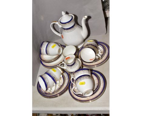 ROYAL GRAFTON 'MAJESTIC' PATTERN TEAWARES, cobalt blue with gilt decoration, to include tea pot, milk, sugar, nine tea cups, 