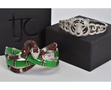 TWO BANGLES, the first a silver hinged bangle in the form of a tiger encrusted with circular cut cubic zirconia and onyx, wit
