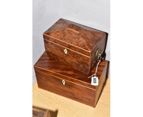 A WALNUT SCARCOPHAGUS SHAPED TEA CADDY, having lion head holding carry handles to each side, tin lining and covers in place, 