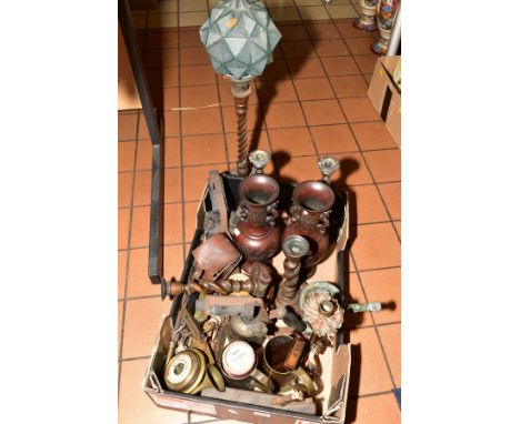 ASSORTED METALWARES, etc, to include a pair of bronzed patinated oriental metal vases, height approximately 30cm, a barometer
