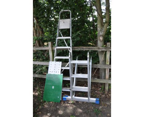 AN ALUMINUM FOLDING PLATFORM LADDER, with three rungs to each of the four sections, 100cm long, folded with two treads and a 