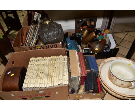 FOUR BOXES AND LOOSE SUNDRY ITEMS, to include an oak three tier cake stand, wall mirror, pressed glass globular ceiling light