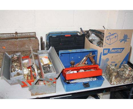 A QUANTITY OF VINTAGE HAND TOOLS, within five tools boxes and loose, to include a pair of axle stands, pick axe, trowels, pla