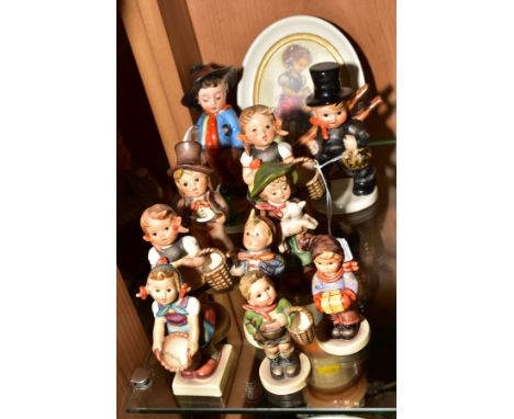 A COLLECTION OF NINE HUMMEL FIGURES, another similar figure and an oval print of Hummel style children, figures include 'Vill