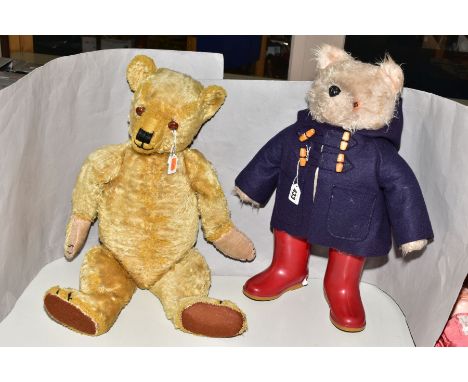 A GABRIELLE DESIGNS PADDINGTON BEAR, blue dufflecoat, red Dunlop wellingtons, missing hat and label, Gabrielle Designs label 