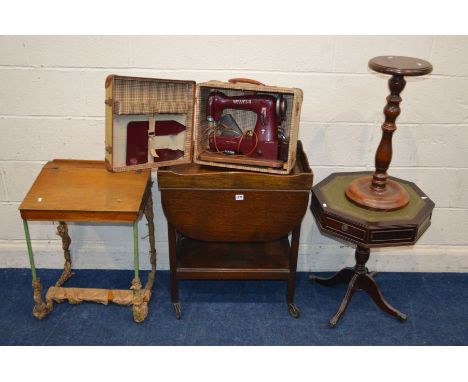 A MID 20TH CENTURY OAK DROP LEAF TEA TROLLEY, together with a vintage child's school desk and folding chair, a cased Helvetia