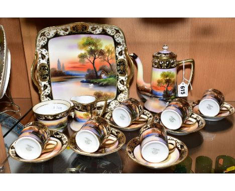 A NORITAKE COFFEE SET, decorated with gilding and a rural lake scene at sunset, comprising coffee pot, six coffee cans, six s
