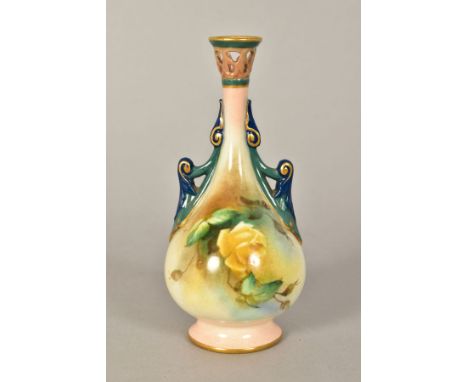 A ROYAL WORCESTER HADLEY BUD VASE, SHAPE 214, retriculated neck above a twin handled baluster body, blush ivory ground painte