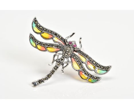 A PLIQUE-A-JOUR BROOCH, in the form of a dragonfly, displaying red, yellow and green enamel wings, set with a marcasite body 