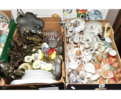 TWO BOXES OF CERAMICS, METALWARES AND LOOSE ITEMS, including Pendelfin Rabbits, crested china, Royal Crown Derby Posies, Blac