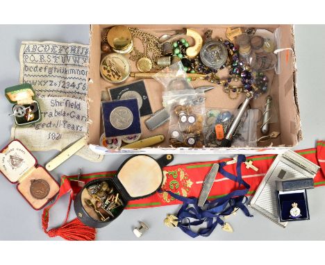A SELECTION OF ITEMS, to include eight pairs of cufflinks, an 1820 hand stitched child's alphabet cloth, four fruit knives, t