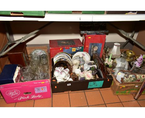 THREE BOXES AND LOOSE SUNDRY ITEMS to include Kent china tea wares, pair of brass oil lamps, shades depicting hunting scenes,