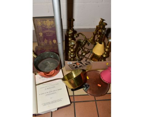 VARIOUS BRASS, COPPER AND BOOKS, to include wall mounted light fittings, candlesticks, copper and brass pans, three volumes o