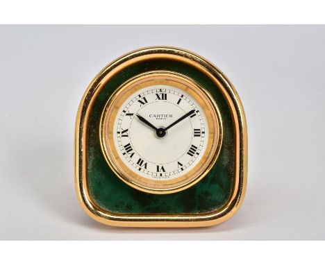 A CARTIER TRAVEL CLOCK, set with a green enamel panel around white dial with Roman numerals&nbsp; Condition Report&nbsp; Lost