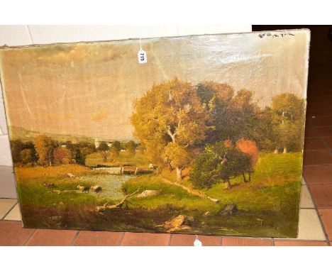 A LATE 19TH CENTURY LANDSCAPE, oil on canvas, indistinctly signed, dated (18)91 bottom right, unframed, approximate size 60cm