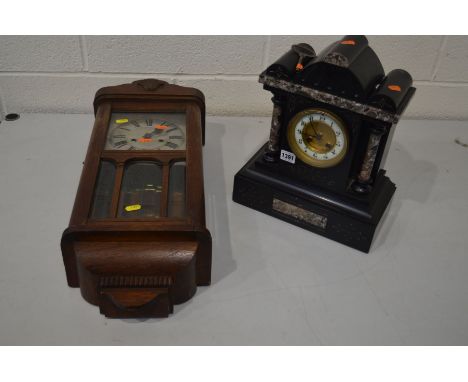 AN EARLY TO MID 20TH CENTURY SLATE AND MARBLE MANTEL CLOCK, signed Roberts and Owen, Paris (winding key) together with an oak