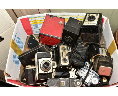 A BOX OF ANTIQUE AND VINTAGE CAMERAS, to include Portrait Brownie No2, Ensign Selfix, Ross Ensign Snapper, Zeiss Ikon, Ikonta