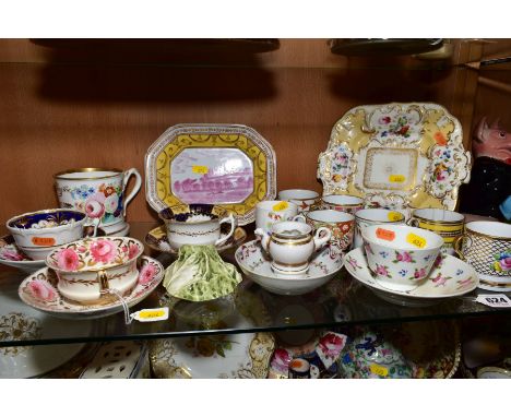 A GROUP OF MOSTLY EARLY 19TH CENTURY BRITISH PORCELAIN, including a Davenport tea cup and saucer with pink rose and gilt deco