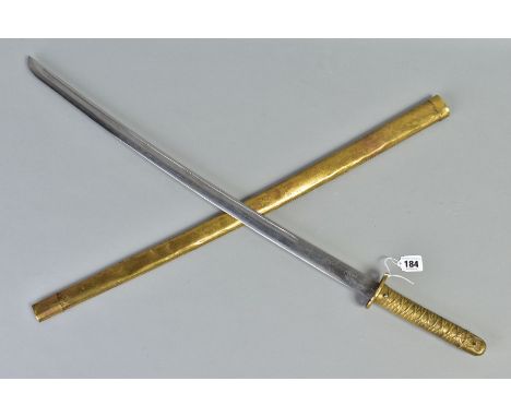 AN EASTERN (JAPANESE) EXAMPLE OF A WWII SAMURI SWORD in gold coloured metal scabbard, the sword itself features a gold colour