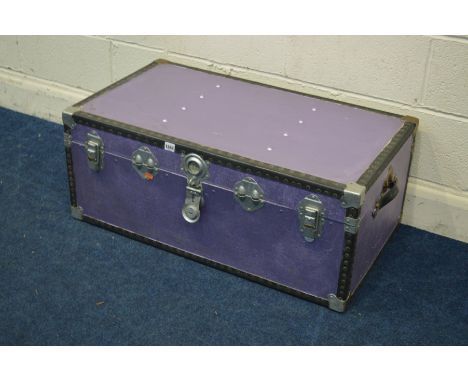 A VINTAGE PURPLE PAINTED TRAVELLING TRUNK&nbsp; Condition Report&nbsp; Width 91cm x depth 52cm x height 37cm